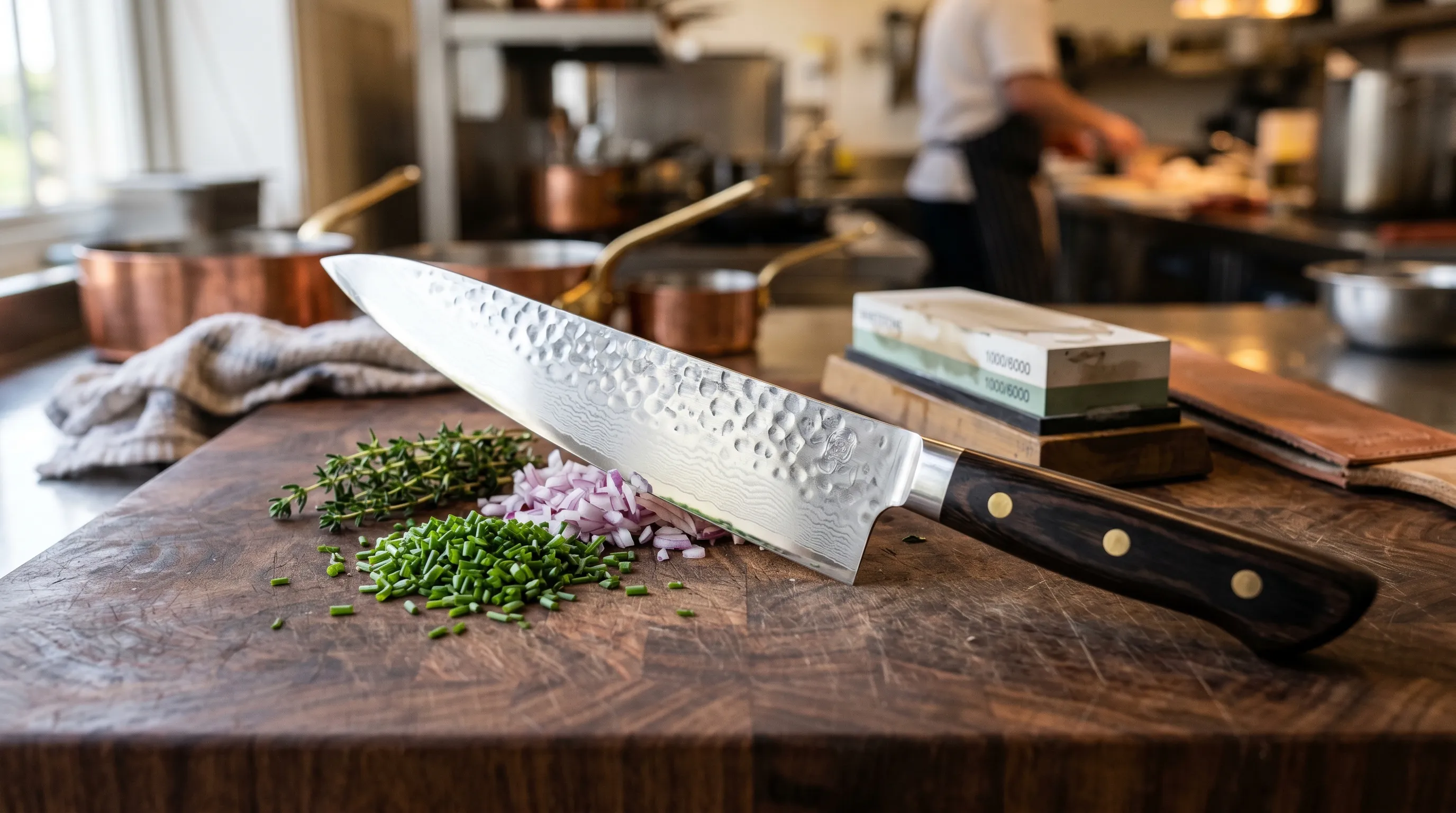 A hammered Japanese gyuto resting on a butcher block beside a finishing stone, the kitchen warm behind it