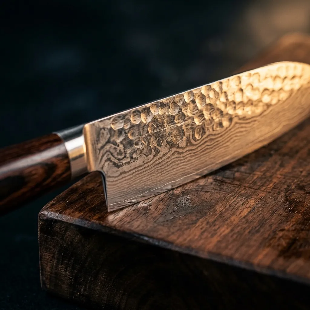 A close-up photograph of a hammered Japanese Santoku chef's knife resting on a dark wood cutting board, showcasing its fine edge and Damascus steel pattern.